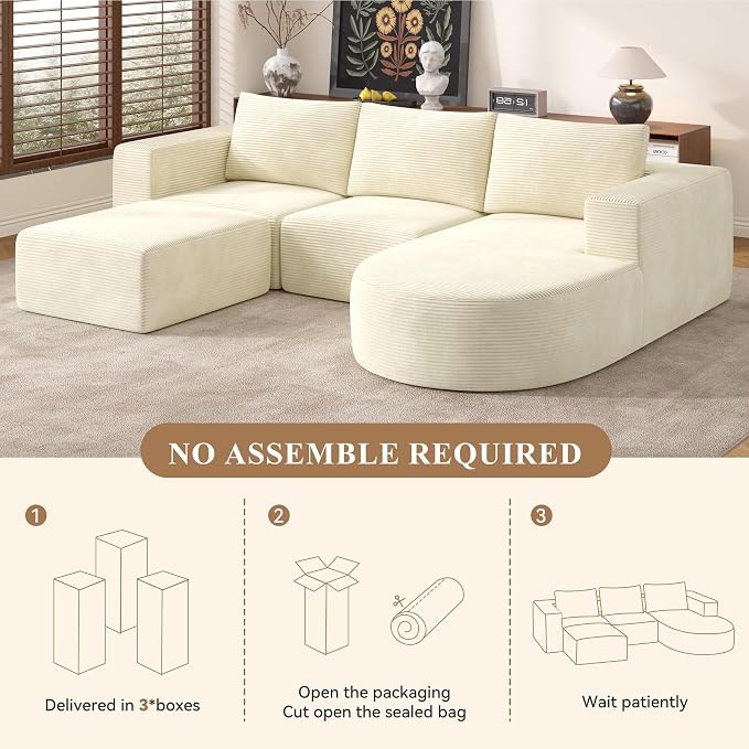 Boneless Couches for Living Room with Chaise,104" Modular Sectional Sofa with Convertible Ottoman,Cozy Cloud Couch with U-Shaped,Sponge Compression Sofas in a Box,No Assembly Required(Beige) 1pcs