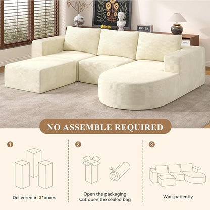 Boneless Couches for Living Room with Chaise,104" Modular Sectional Sofa with Convertible Ottoman,Cozy Cloud Couch with U-Shaped,Sponge Compression Sofas in a Box,No Assembly Required(Beige) 1pcs
