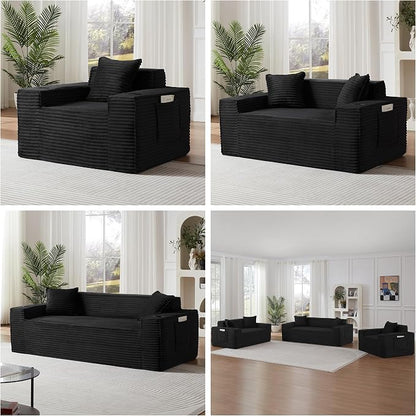 Boneless Sofa Couch with Cup Holders & Side Pockets, Modern Corduroy Fabric Deep Seat Single Cloud Couch for Reading Living Room Office, No Assembly (Black)
