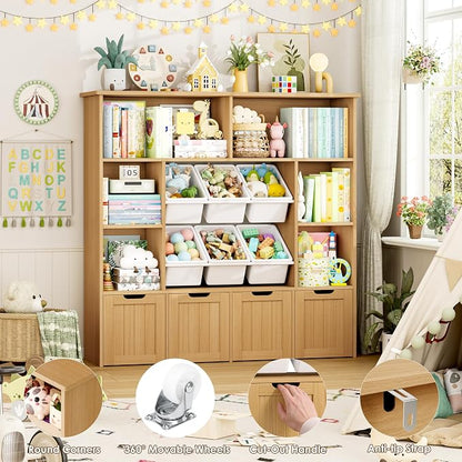 FINETONES Toy Storage Organizer with 6 Toy Bins, Large Toy Organizers and Storage with 4 Movable Drawers and 6 Storage Cubbies, Kids Toy Storage and Toy Chest for Playroom and Kids Room, Natural