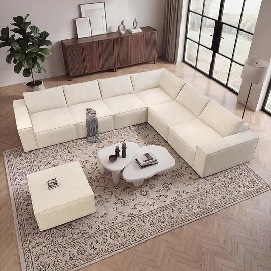 Vesgantti 143.7" Boneless Couch for Living Room, 6 Seater Modular Sectional Sofa with Ottoman & Deep Seat, Convertible Chenille Oversized Cloud Couches, No Assembly Required, Beige