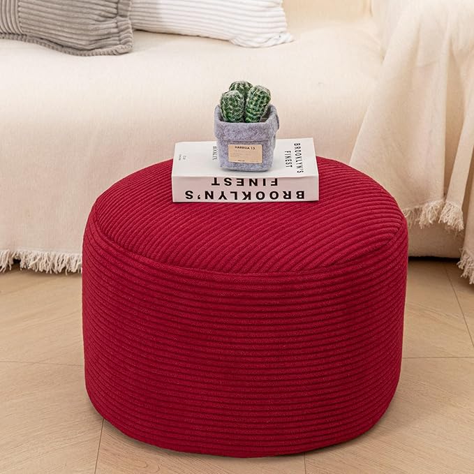 Round Pouf Ottoman 20 x 20 x 14 Inches Boho Poof Home Decor Floor Pouffe Ottoman Foot Rest for Couch Sofa Bean Bag Chairs Living Room Bedroom (Burgundy)