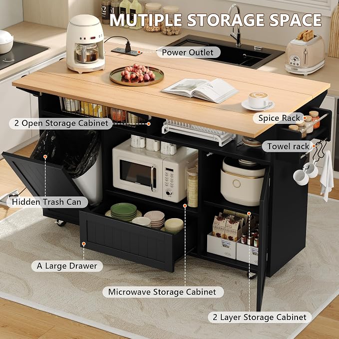 Einhomn 65" Kitchen Island with Power Outlet & Drop Leaf, Island Table for Kitchen with Trash Can Storage, Mobile Rolling Kitchen Islands on Wheels with Spice Rack, Towel Rack & 4 Side Hooks, Black