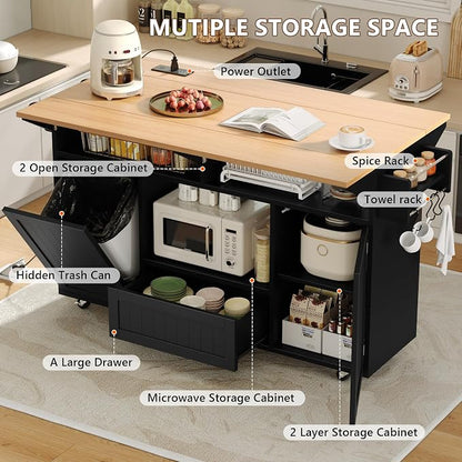 Einhomn 65" Kitchen Island with Power Outlet & Drop Leaf, Island Table for Kitchen with Trash Can Storage, Mobile Rolling Kitchen Islands on Wheels with Spice Rack, Towel Rack & 4 Side Hooks, Black