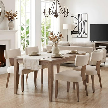 HNY Mid Century Modern Dining Chairs Set of 4, Upholstered Linen Kitchen & Dining Room Chairs with Ergonomic Curved Backrest, Solid Wood Legs, Farmhouse Accent Chair for Home, Apartment, Beige