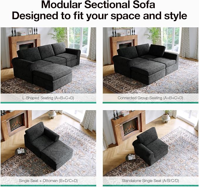Novilla 138" Modular Sectional Sofa, Modular Sectional Couches for Living Room, Chenille Removable Cover Cloud Couch with Smarts Coil® Support U-Shaped Boneless Couch(Dark Grey, 4 Seater + 4 Ottoman)