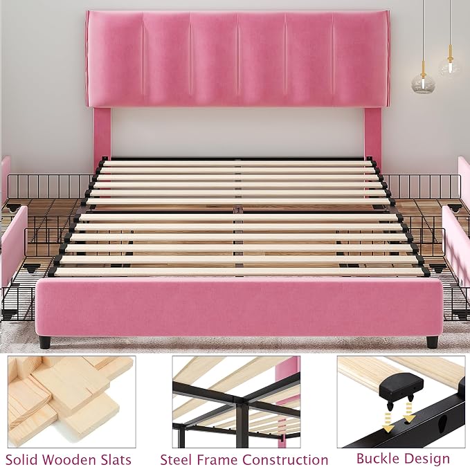 VECELO Queen Size Bed Frame with 4 Storage Drawers, Adjustable Height Headboard, Heavy-Duty Platform Bedframe with Strong Wooden Slats, No Box Spring Needed, Pink