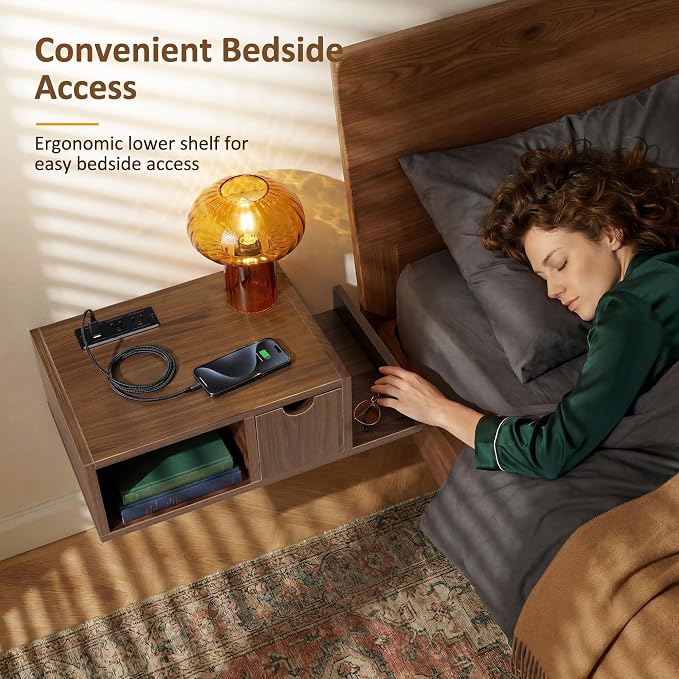Afuly Floating Nightstand with Charging Station Wall Mounted Night Stand with Drawer Walnut Bed Side Table Wood Bedside Table Shelf Narrow Hanging Modern End Table Nightstands for Bedroom Decor