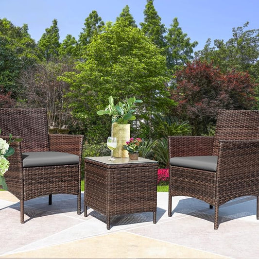 Greesum 3 Pieces Patio Furniture Sets Outdoor PE Rattan Wicker Chairs with Soft Cushion and Glass Coffee Table for Garden Backyard Porch Poolside, Brown and Gray