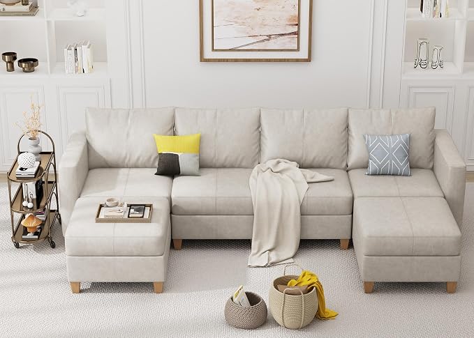 EASE MOOSE Modular Sectional Sofa with Storage, Faux Leather Sectional, Leather Couches for Living Room,Whitesand