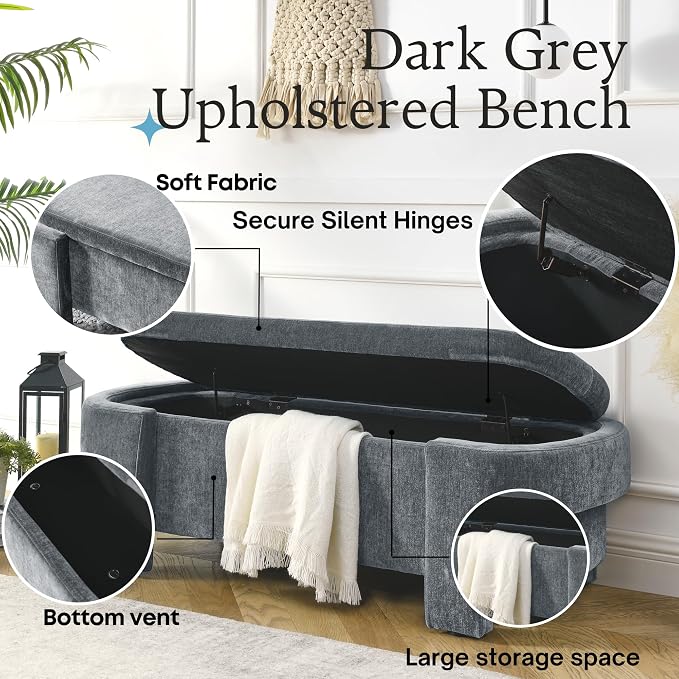 51.5" Oval Storage Bench End of Bed Storage Benches Linen Fabric Upholstered Ottoman Bench with Large Storage Space for Living Room Entryway Bedroom Hallway (Dark Grey, 51.5 inch)