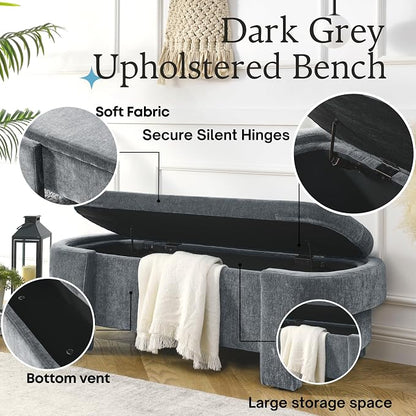 51.5" Oval Storage Bench End of Bed Storage Benches Linen Fabric Upholstered Ottoman Bench with Large Storage Space for Living Room Entryway Bedroom Hallway (Dark Grey, 51.5 inch)