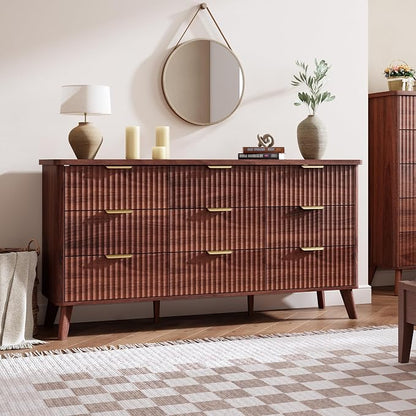 GarveeHome Fluted Dresser for Bedroom with 9 Deep Drawers, 60.6 in Wide Modern Chest of Drawers, Wooden Dresser TV Stand, Curved Profile Design, for Living Room, Kids Room, Hallway, Walnut