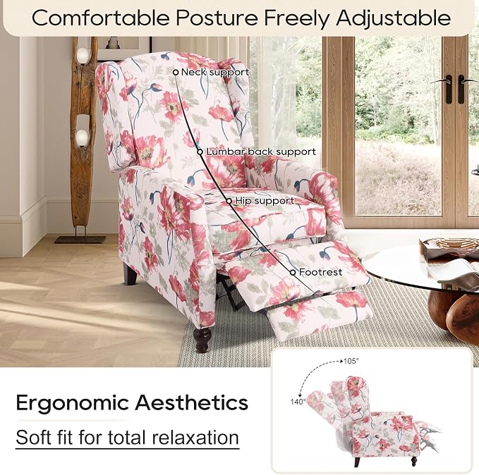 Upholstered Wingback Recliner Chair, Mid Century Modern Manual Push Back Recliner for Living Room, Bedroom (1, Red Floral)