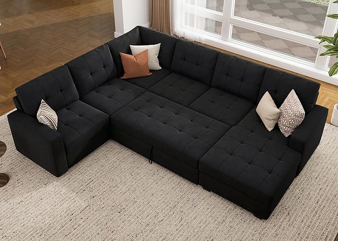 HONBAY Modular Sectional Sleeper Sofa with Pull Out Bed, U Shaped Sleeper Couches with Storage Chaise, 114'' Sleeper Sectional Sofas for Living Room, Apartment (Velvet Black)