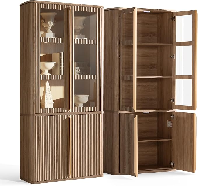 77" Tall Storage Cabinet - Fluted Pantry Cabinets with Glass Doors, Wooden Kitchen Food Cupboard, Adjustable Shelves, Modern Display Storage Closet for Living Room, Dining Room, Office, Oak 1pc