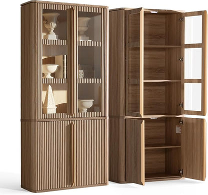 77" Tall Storage Cabinet - Fluted Pantry Cabinets with Glass Doors, Wooden Kitchen Food Cupboard, Adjustable Shelves, Modern Display Storage Closet for Living Room, Dining Room, Office, Oak 1pc