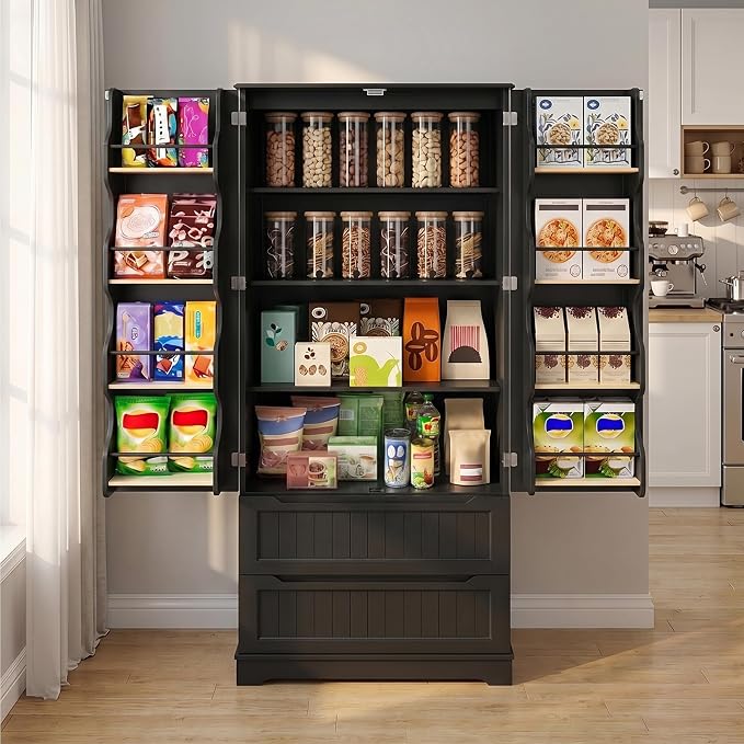 Gizoon 72" Tall Kitchen Pantry Cabinet with Drawers for Dining Room, Food Pantry Storage Cabinet with 8 Doors Shelves for Snack and Spice, Large Craft Storage Cabinet for Craft Room, Black, Painted