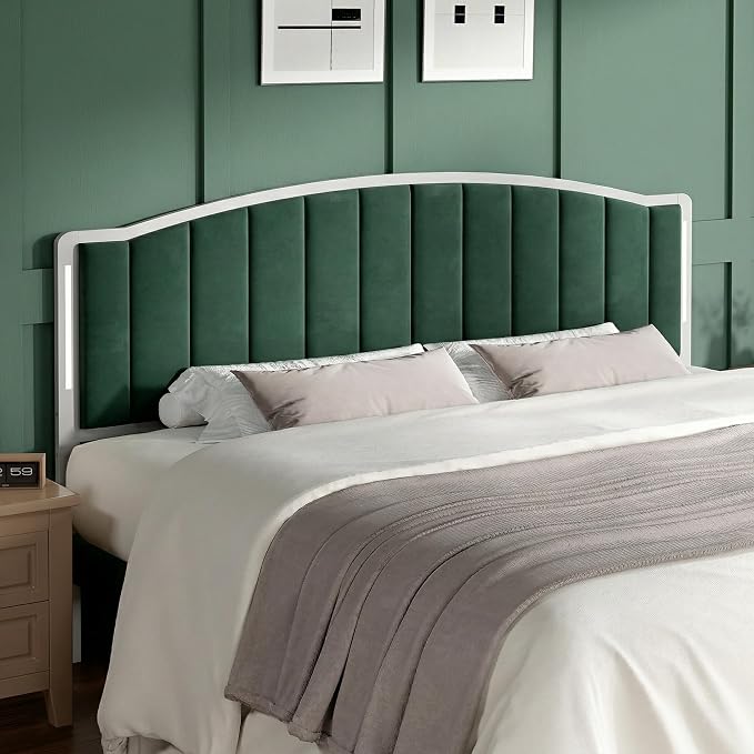 Headboard for Queen Size Bed with LED Lights, Upholstered Vertical Channel Tufting Head Boards, Velvet Headboard Only, Attach Frame, Ideal for Bedroom, Dorm, Guest Room, Green