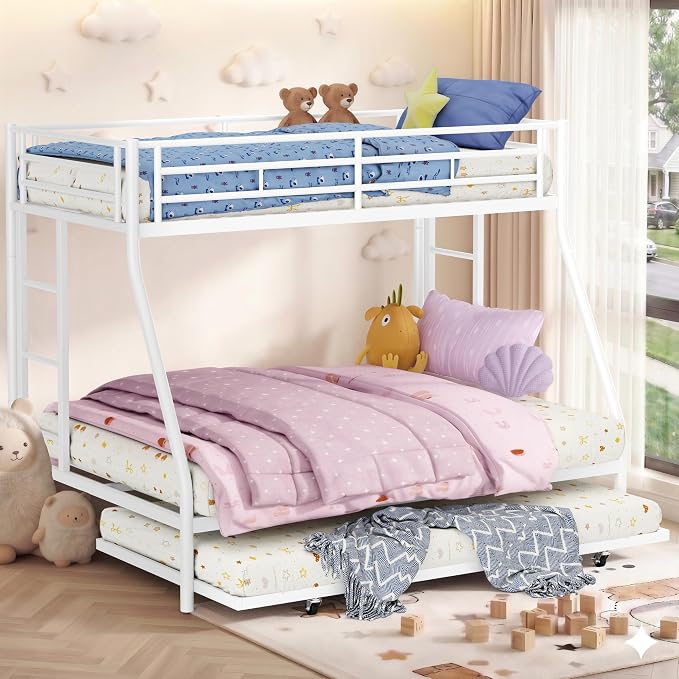 Nuturelly Metal Bunk Bed Twin Over Full with Trundle, Heavy Duty Steel Frame Bunk Bed Frame with Safety Guardrails & Ladder, Space Saving 3 Beds for Kids, Teens, Dorm, White