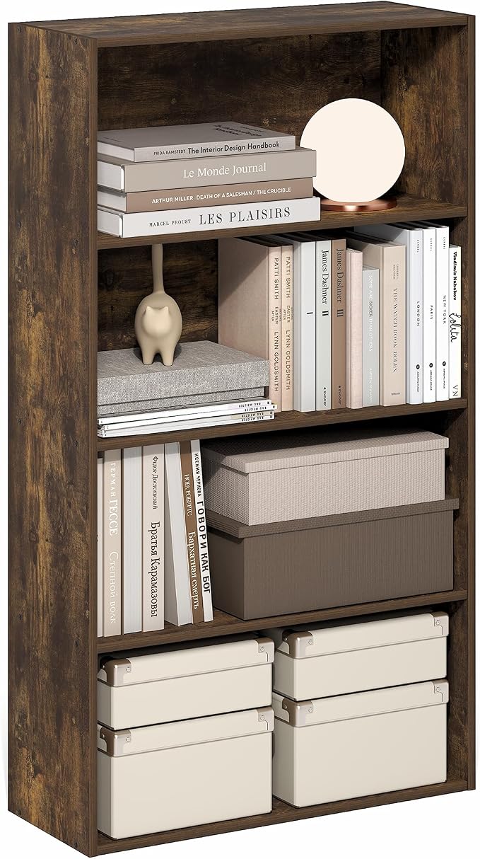 Furinno Jaya Book Shelf, 4-Tier Book Shelf, Bookcase with Open Shelving, Standing Bookshelf, 9.5 x 23.6 x 41.9, for Organization and Storage, for Home Office, Living Room, Amber Pine