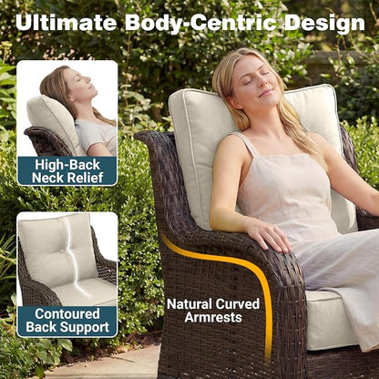 Patio Furniture Set, 7PCS Outdoor Wicker Conversation Set with 6" Thick Cushions, High Back Rattan Sofa & Swivel Rocker Chairs, Weather Resistant Olefin Fabric for Garden, Poolside, Beige