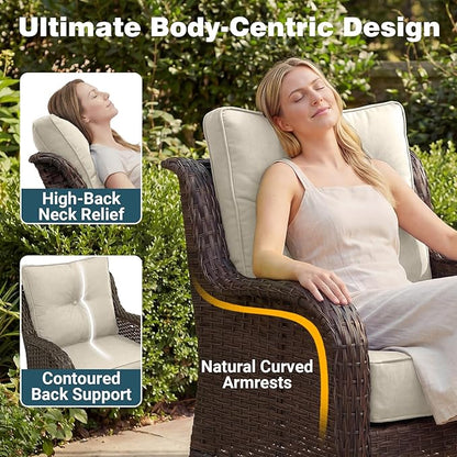 Patio Furniture Set, 5PCS Outdoor Wicker Conversation Set with 6" Thick Cushions, High Back Swivel Rocker Chairs, Weather Resistant Olefin Fabric for Garden, Poolside, Beige