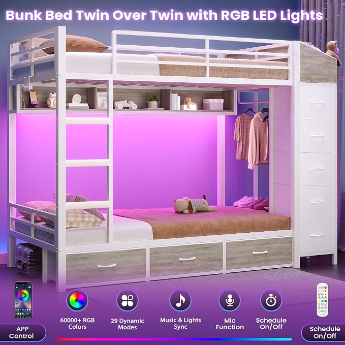 VIAGDO Bunk Bed Twin Over Twin with 8 Storage Drawers and Power Outlets, LED Twin Bunk Beds with Hall Tree and Shelves, Metal Bunk Beds with Safety Guardrail & Ladder for Dorms, Kids, White