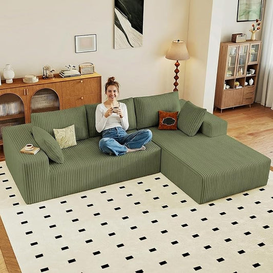 95" Cloud Sectional Couch with L-Shape Chaise, Modular Comfy Sofa Chaise Longue, Upholstered Corduroy Couches Sleeper with Deep Seat for Living Room Bedroom, No Assembly Required(Green, Right Facing)