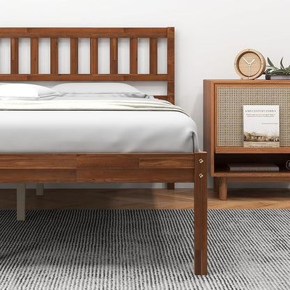 Giantex Wood Full Size Bed Frame with Headboard, Mid Century Solid Wood Bed with Slat Support, No Box Spring Needed, Double Bed Frame with 16" Under Bed Storage, Walnut
