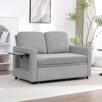 3 in 1 Folding Convertible Sleeper Sofa Bed, Pull Out Couch with Side Pockets USB Port Side Table Loveseat Sofa Bed with Adjustable Backrest for Living Room Bedroom 66" LIGHTGREY 2 SEAT