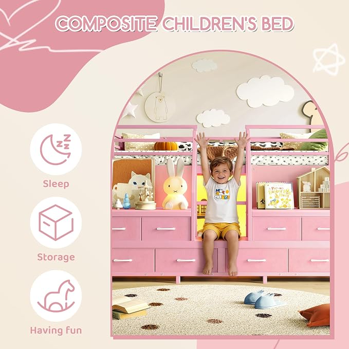 Bellemave Low Loft Bed Twin Size with Storage Shelves & Fabric Drawers, Metal Twin Loft Bed for Kids with LED Lights & Under-Bed Play Area, Low Loft Bed Frame for Bedroom, No Box Spring Needed, Pink