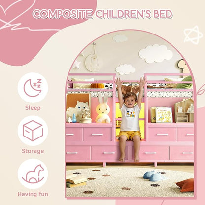 Bellemave Low Loft Bed Twin Size with Storage Shelves & Fabric Drawers, Metal Twin Loft Bed for Kids with LED Lights & Under-Bed Play Area, Low Loft Bed Frame for Bedroom, No Box Spring Needed, Pink