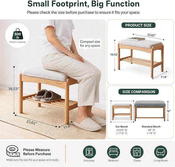 Solid Wood Shoe Bench Assembled, Shoe Rack Bench with Cushion for Entryway, Living Room, Bedroom, Hallway, 11.8" x 23.6" x 16.5", Natural