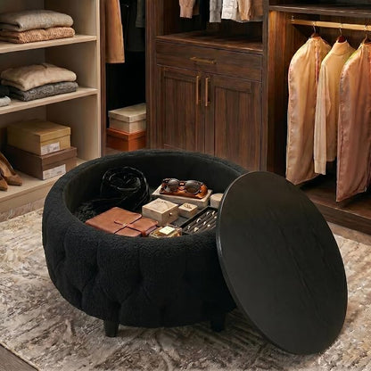 Large Round Storage Ottoman Coffee Table with Wooden Tabletop, 32 Inches Teddy Fleece Tufted Ottoman for Living Room, Bedroom, Apartments (Black)