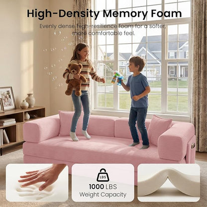 78.8" Convertible Futon Sofa Bed,Corduroy Futon Couch with Storage Pocket,Folding Pull Out Sofa,No Assembly Boneless Couch for Living Room | Pink
