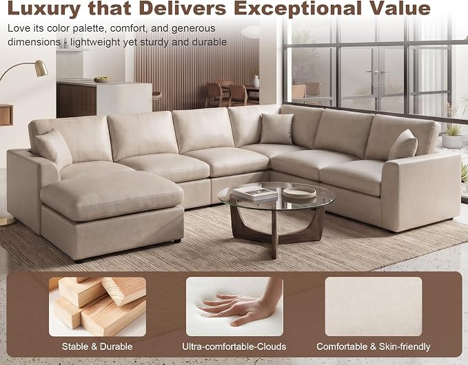 Oversized Faux Leather Modular Sectional Sofa for Living Room | with Ottoman, Extra Deep Seat, Pet-Friendly, Easy to Clean, Large 7 Seater U Shaped Cloud Couch, Beige