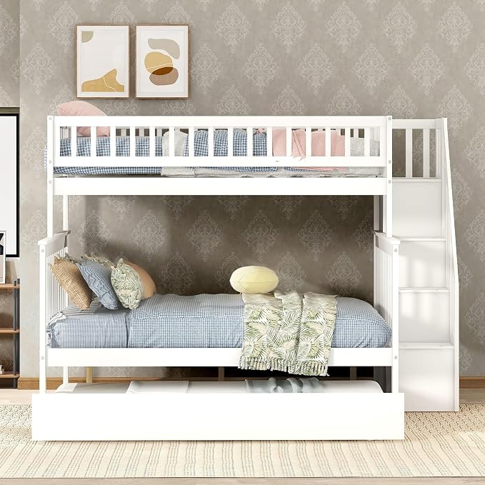 MERITLINE Twin Over Full Bunk Bed with Trundle, Storage Staircase,Solid Wood Bunk Bed with Storage Stairs Box and Guardrail, No Spring Box Needed (White)