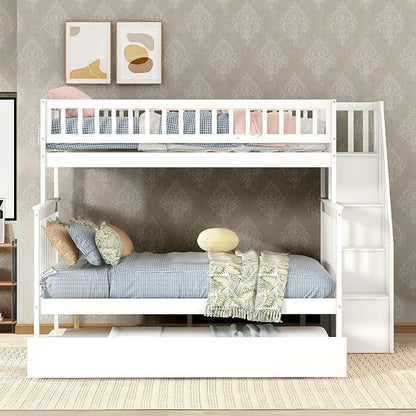 MERITLINE Twin Over Full Bunk Bed with Trundle, Storage Staircase,Solid Wood Bunk Bed with Storage Stairs Box and Guardrail, No Spring Box Needed (White)