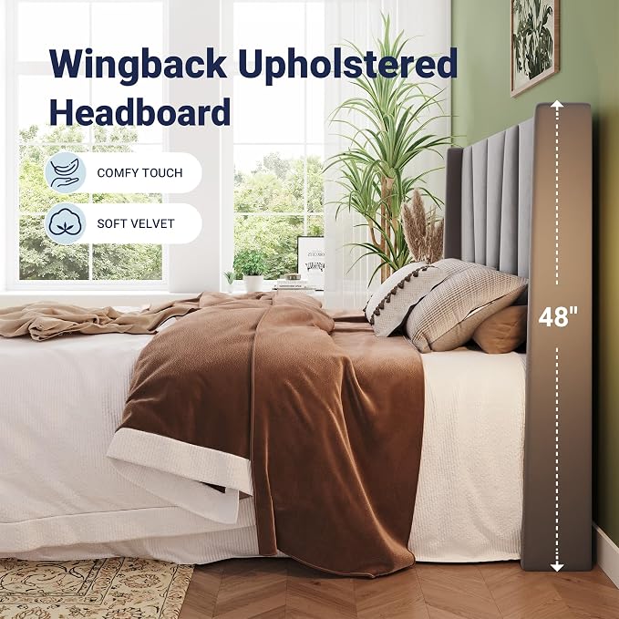 Allewie Full Size Platform Velvet Bed Frame with Geometric Wingback Headboard, Boho Upholstered Bed with Wooden Slats Support, No Box Spring Needed, Easy Assembly, Light Grey