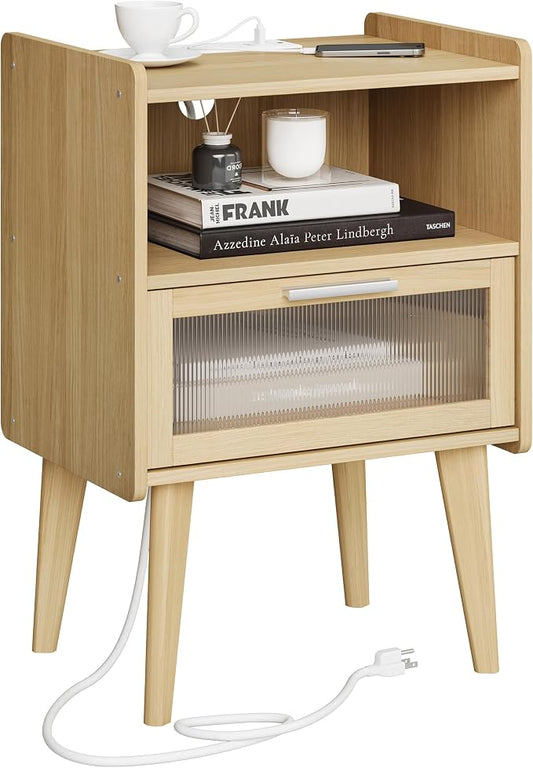 MMEOLUOOK Nightstand with Charging Station, Bedside Tables with Glass Decorative Door, Natural End Table, Side Table with 2 Tiers Storage Space for Bedroom Living Room CAMLBZ07YE