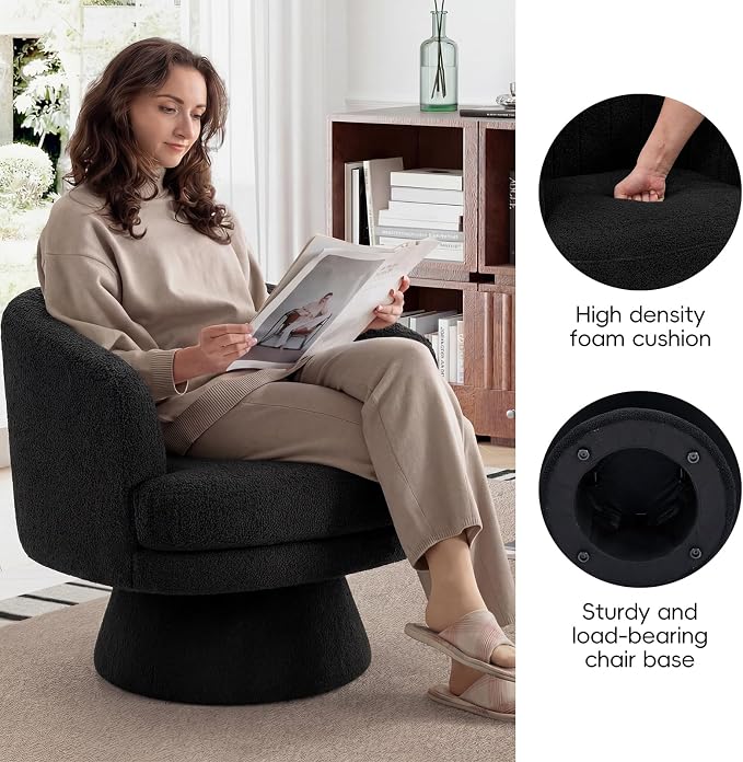 CANMOV Swivel Accent Chair with Armrest, Modern 360 Degree Swivel Barrel Chair with Curve Back and Soft Cushion,Comfy Round Sherpa Teddy Armchair Single Sofa for Living Room,Bedroom, Black