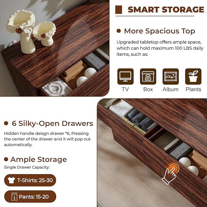 JXQTLINGMU 6 Drawer Dresser for Bedroom, 52" Wide Modern Wood Dressers with Push-to-Open Drawers for Closet Storage, Chest of Drawers TV Stand for Living Room & Hallway, Curved Profile, Walnut