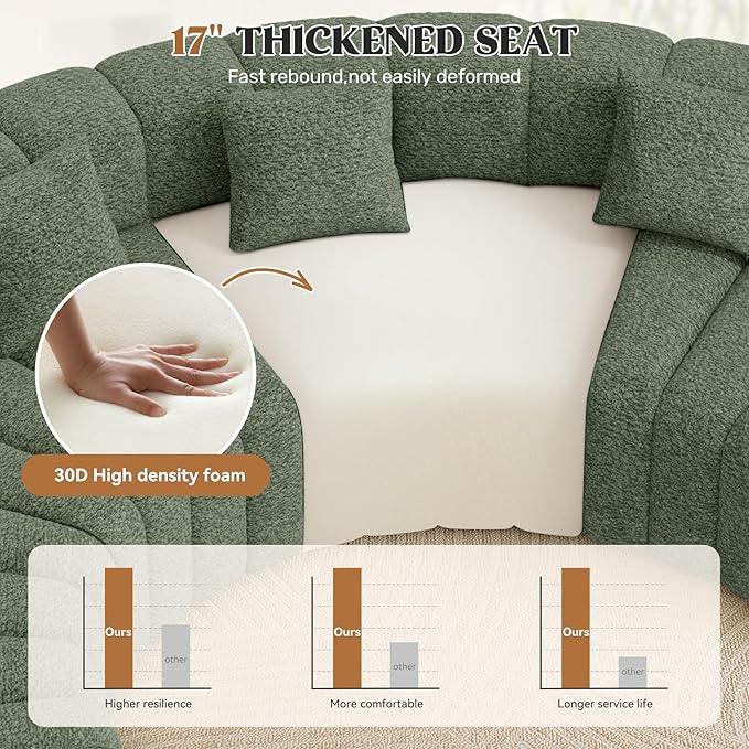 Luxanimarion Oversized Curved Cloud Couch, 8 Seater Modern Round Modular Sectional Sofa, Convertible Boneless Couches for Living Room, No Assembly Required, Green 1 PCS