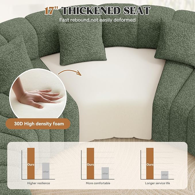 Luxanimarion 2PCS 1/8 Round Modular Sectional Sofa, 2 Seater Modern Curved Cloud Couch Modules, Convertible Boneless Couches for Living Room, No Assembly Required, Green