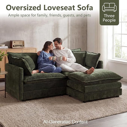 GNIXUU 76.7" Green L Shaped Cloud Couch, Modern Chenille Modular 2 Seater Loveseat Sofa with Movable Ottoman, Deep Seat Sectional Couch with Pillows for Small Place, Living Room Apartment Office