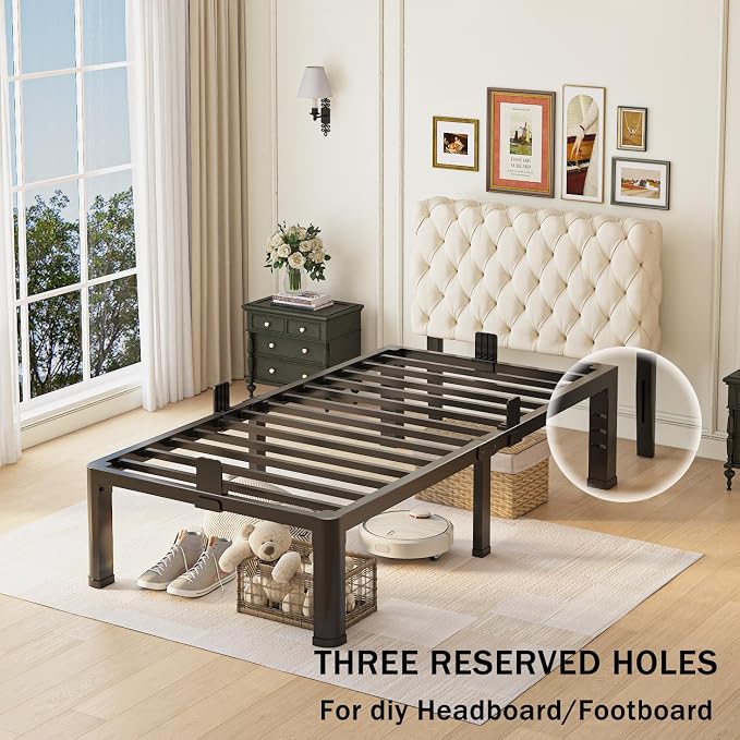 Yitong Angel 10 inch Twin Bed Frame with Rounded Corner Legs and Headboard Hole Mattress Slide Stopper Low Profile Heavy Duty Support Metal Platform,No Box Spring Needed,Noise Free,Easy Assembly