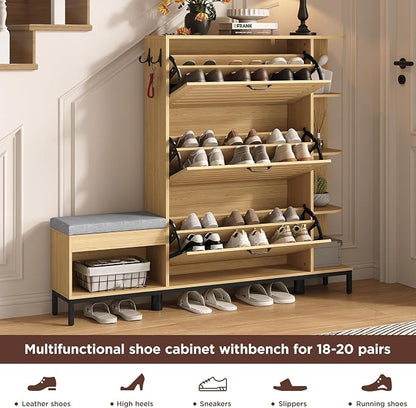 Maupvit Narrow Shoe Cabinet with Bench for Entryway, 3 Flip Louvered Doors & Side Storage Cabinet, 44" H Shoes Organizer with Upholstered Seat & Hooks for Front Door Entrance, Natural Oak