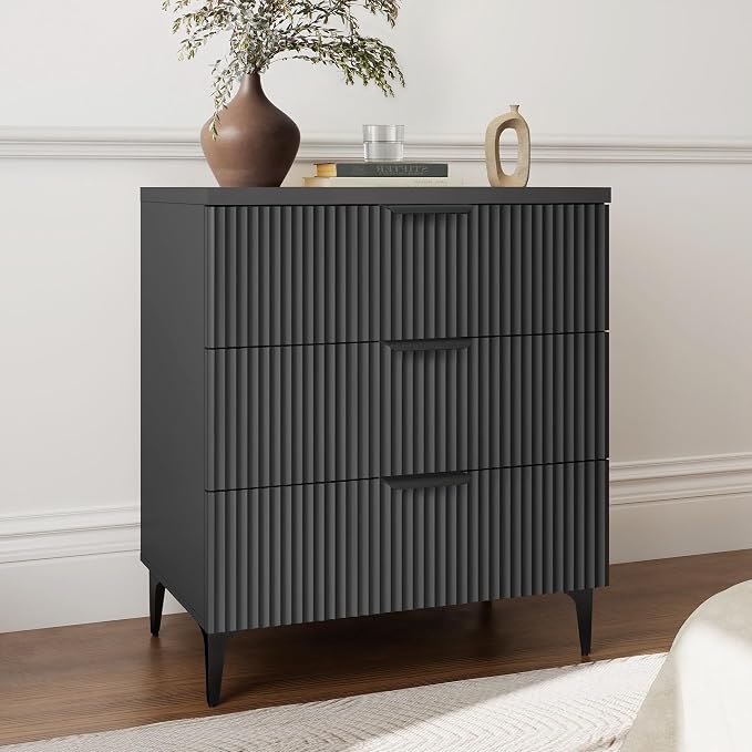 25.6" W Black Fluted Nightstand with 3 Drawer, Modern Wood Night Stands Bedside Table for Bedroom King/Queen Bed, End Table with Robot-Friendly Legs for Living Room,Entry