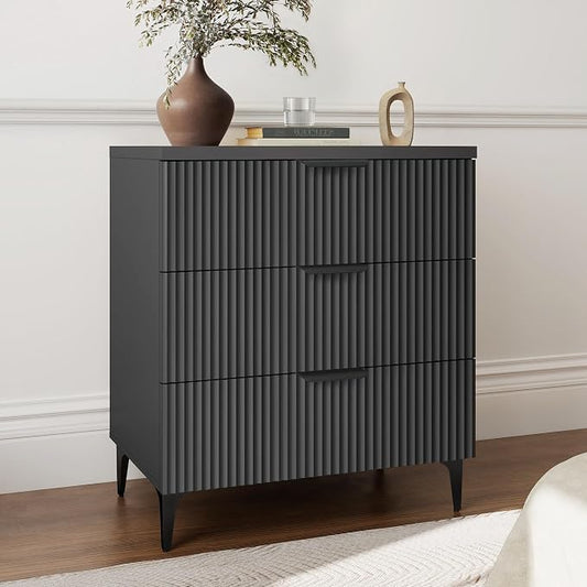 25.6" W Black Fluted Nightstand with 3 Drawer, Modern Wood Night Stands Bedside Table for Bedroom King/Queen Bed, End Table with Robot-Friendly Legs for Living Room,Entry